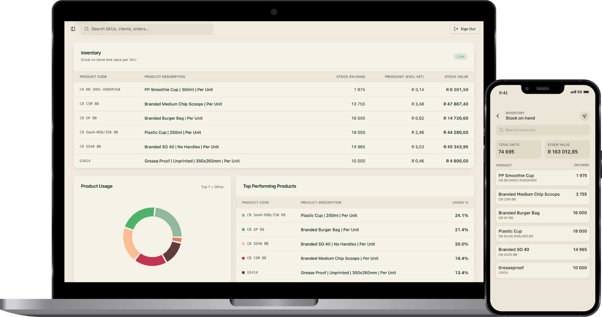 Studio+ inventory management dashboard on laptop and mobile app